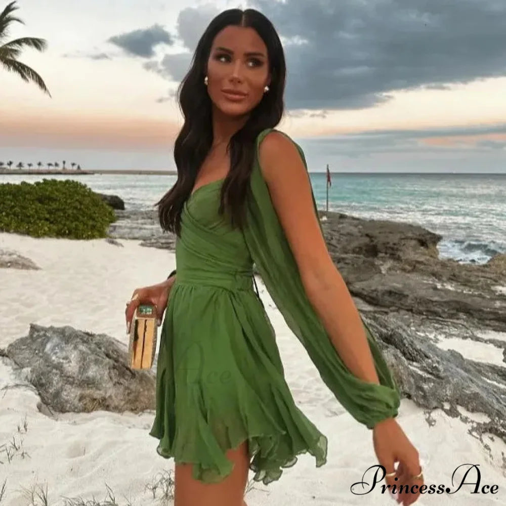 Hollow Out Lantern Sleeve Mini Dress Sexy Solid V Neck Christmas Party Dress