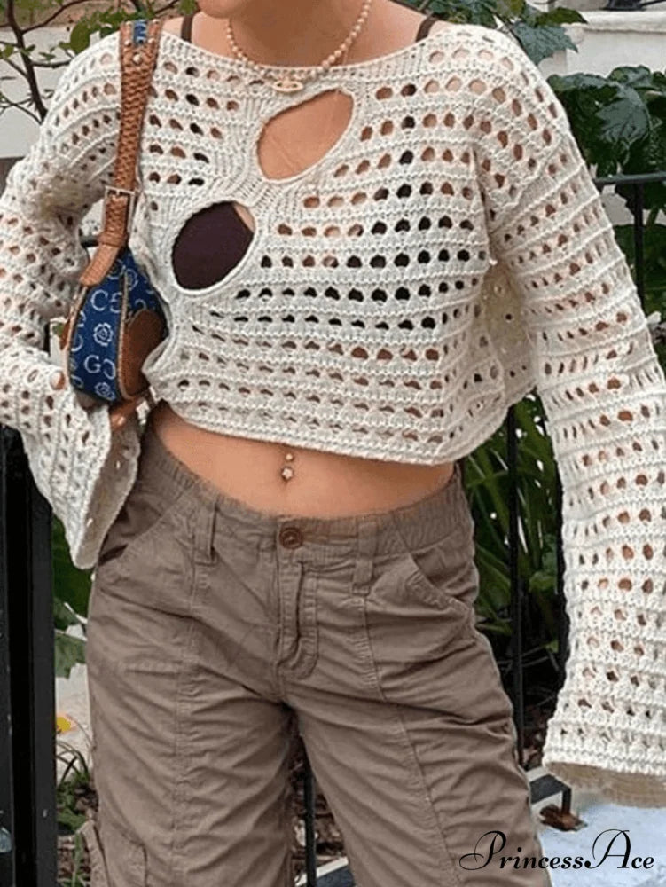 Hollow Out Logo Ribbed Modern Knit Cropped Tank Top Beige / S