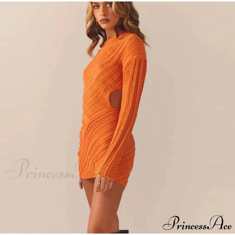 Hollow Out Long Sleeve Knitted Slim Mini Dress Orange / S