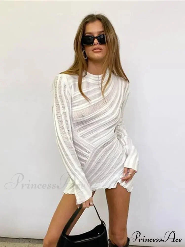 Hollow Out Long Sleeve Knitted Slim Mini Dress WHITE / S