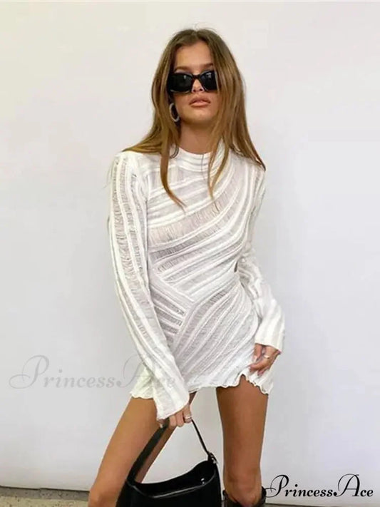 Hollow Out Long Sleeve Knitted Slim Mini Dress WHITE / S