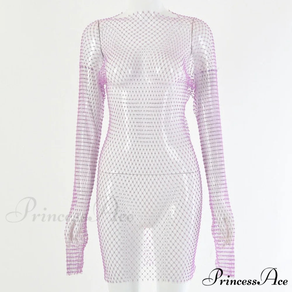 Hollow Out Long Sleeve Mini Dress Purple / One Size