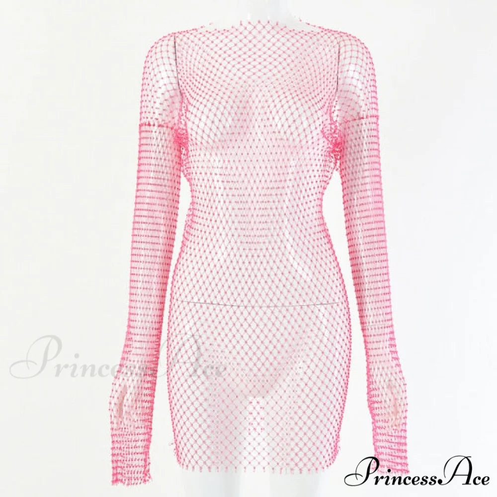 Hollow Out Long Sleeve Mini Dress Rose Red / One Size