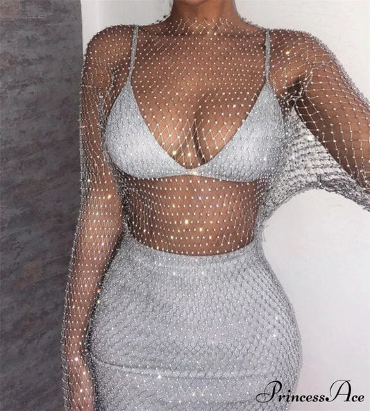 Hollow Out Long Sleeve Mini Dress Silver / One Size