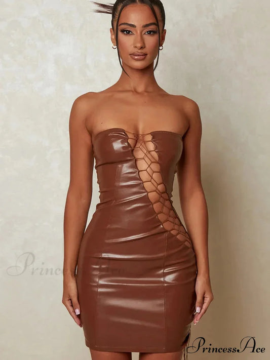 Hollow Out PU Leather Strapless Sleeveless Bodycon Party Short Mini Dress