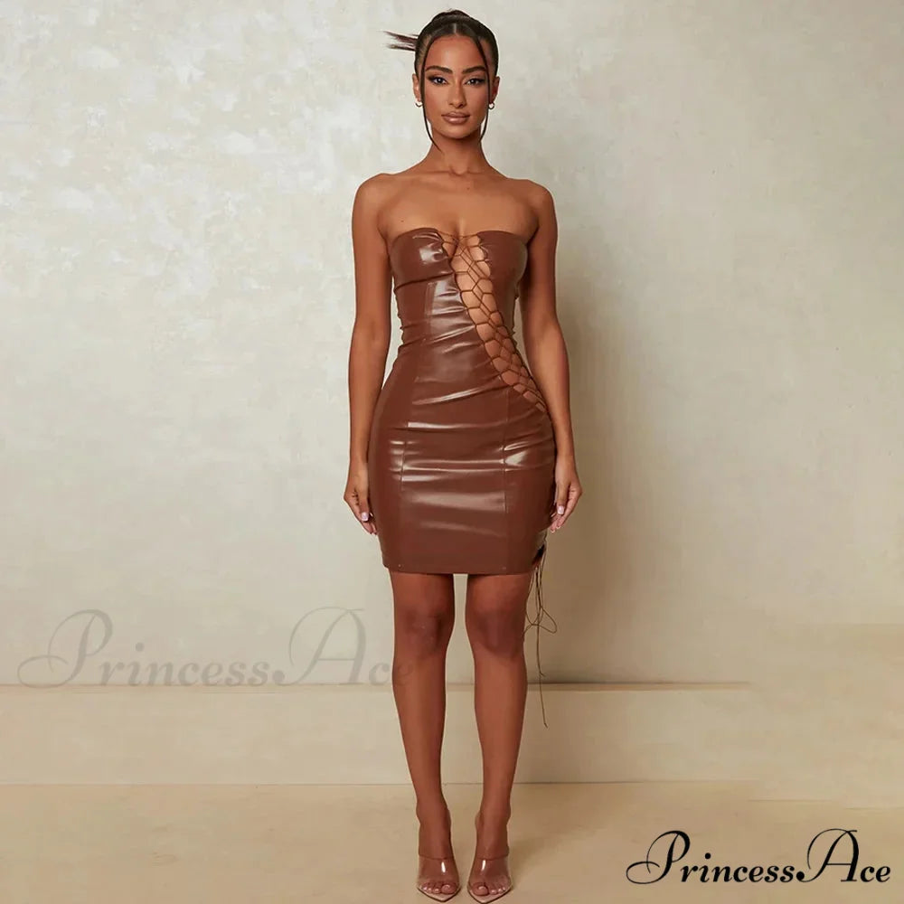 Hollow Out PU Leather Strapless Sleeveless Bodycon Party Short Mini Dress Brown / S