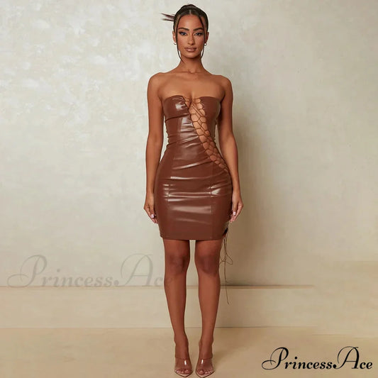 Hollow Out PU Leather Strapless Sleeveless Bodycon Party Short Mini Dress Brown / S