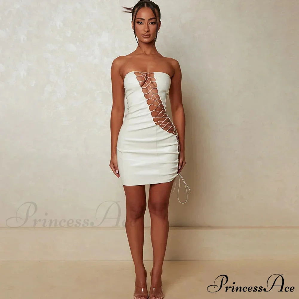 Hollow Out PU Leather Strapless Sleeveless Bodycon Party Short Mini Dress WHITE / S