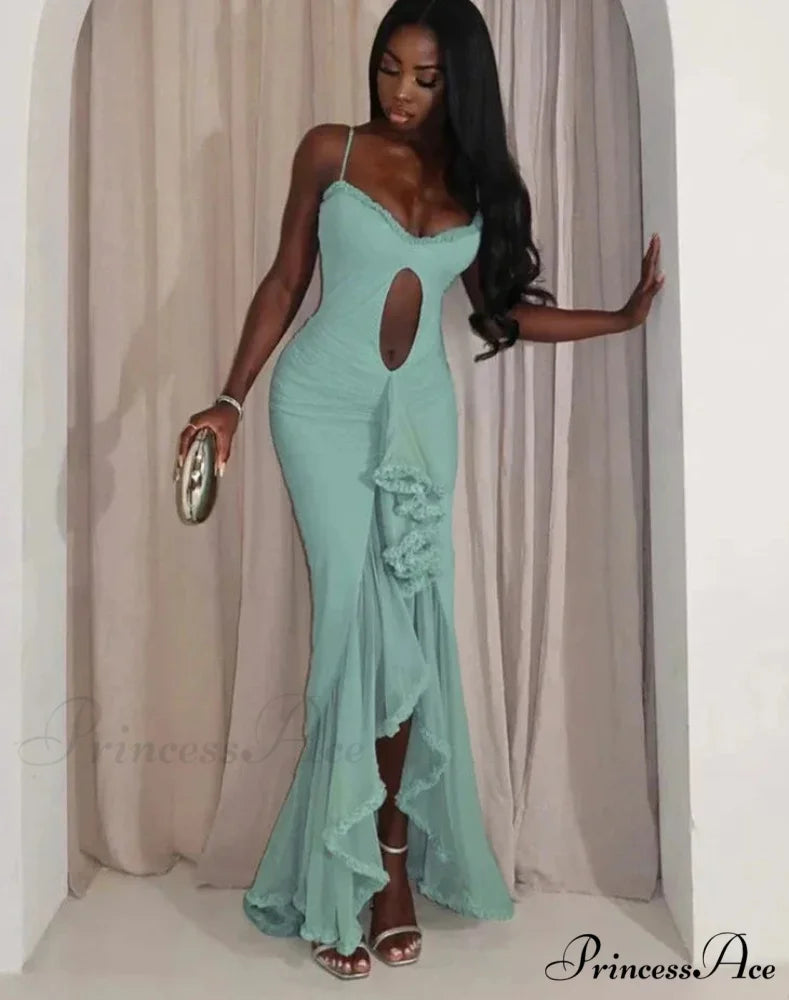 Hollow Out Ruffles Charming Strap Midi Dress Green / M