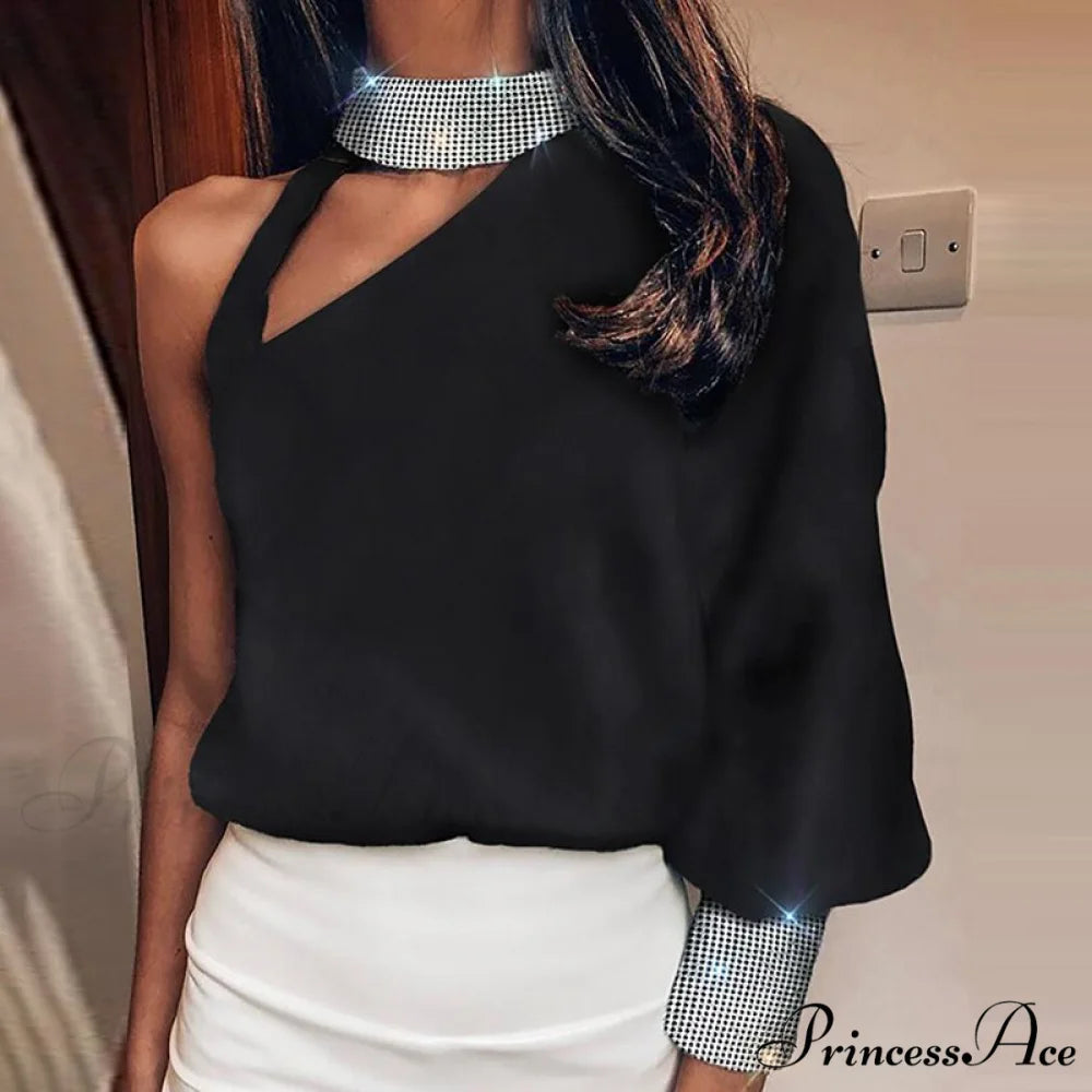 Hollow Out Sequin Off Shoulder Lantern Long Sleeve Blouse 02 Black / S