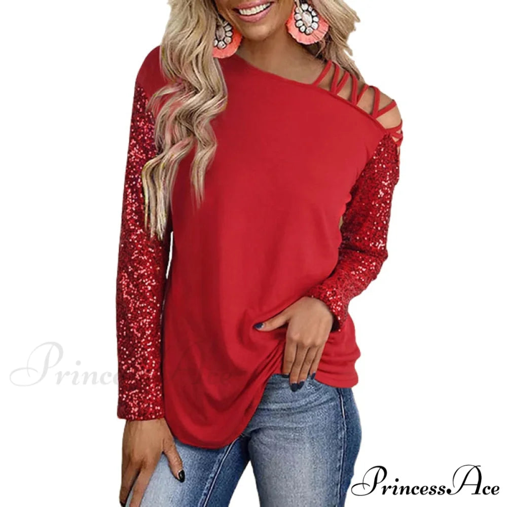 Hollow Out Sequin One Side Cold Shoulder Shiny T-shirt