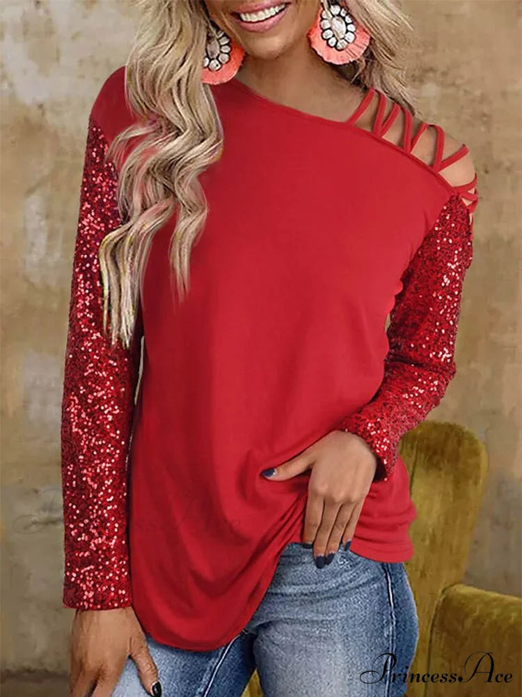 Hollow Out Sequin One Side Cold Shoulder Shiny T-shirt