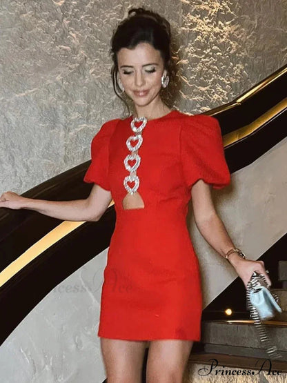 Hollow Out Slim Mini Puff Sleeve Red Christmas Party Dress Red / S