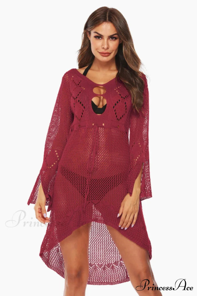 Hollow Out Trumpet Charming Sleeve Cover Up Free Size / Claret