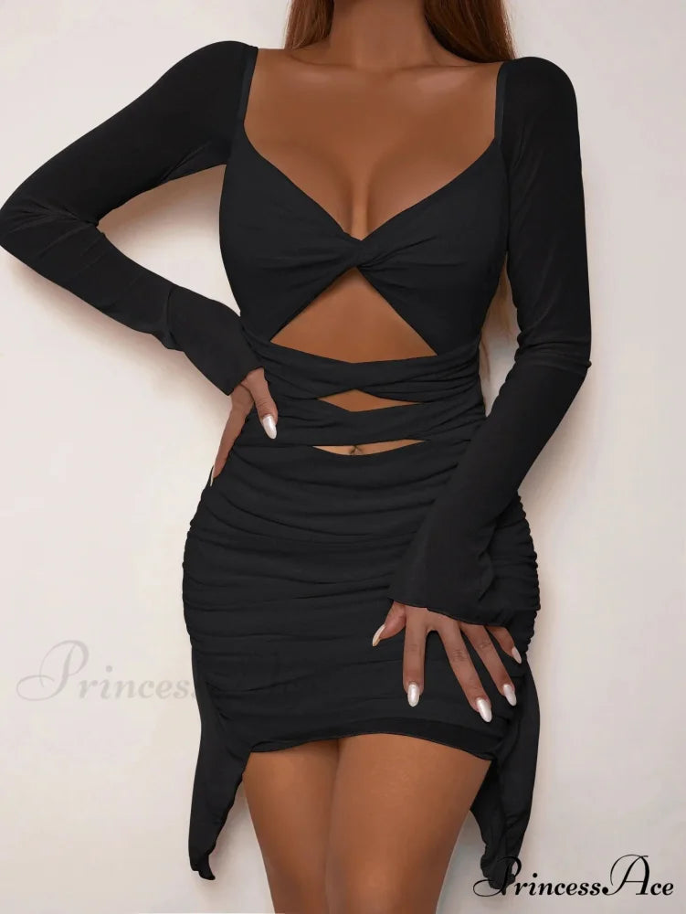 Hollow Pleated Open Shoulder Fashionable Mini Skirt Cut Out Dress BLACK / XS