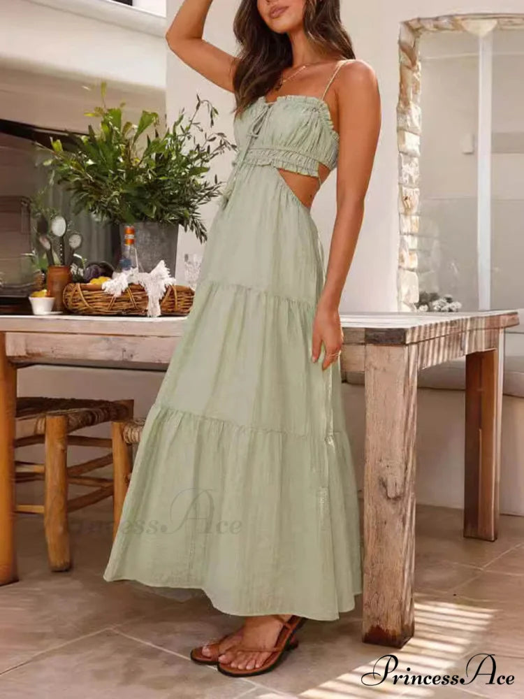 Hollow Sleeveless Pleated Charming Patchwork Full Hem Dress