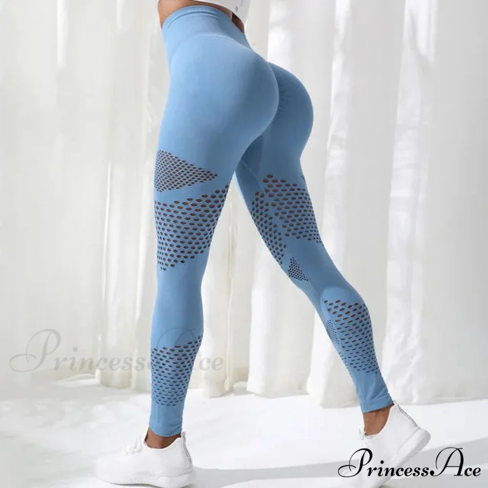 Hollow Stripe Gym Yoga Sports Female Clothing Legging Blue / S