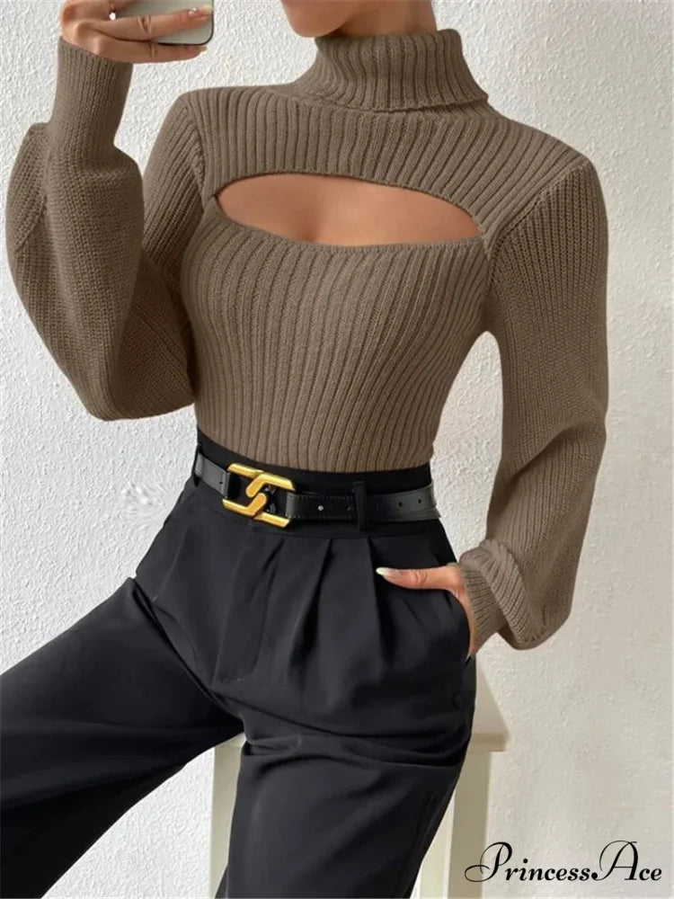 Hollowed-out Turtleneck Seductive Sweater Khaki / S swraters-241228