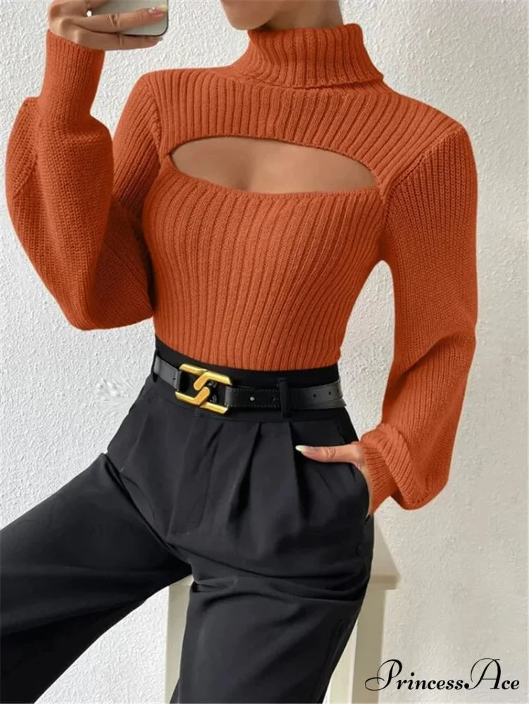 Hollowed-out Turtleneck Seductive Sweater Orange / S swraters-241228