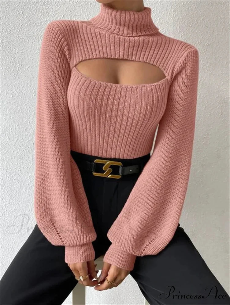 Hollowed-out Turtleneck Seductive Sweater Pink / S swraters-241228