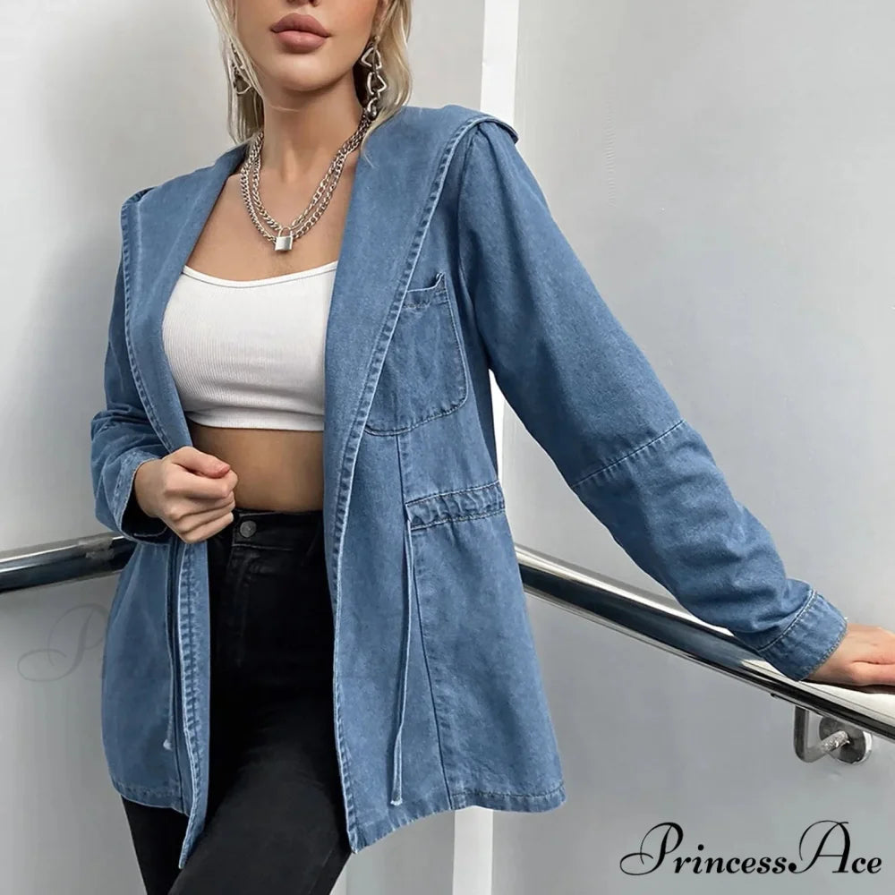Hooded 2024 Autumn Winter Lapel Loose Open Front Chic Stylish Elegant Fashionable Versatile Short Women’s Jacket Blue