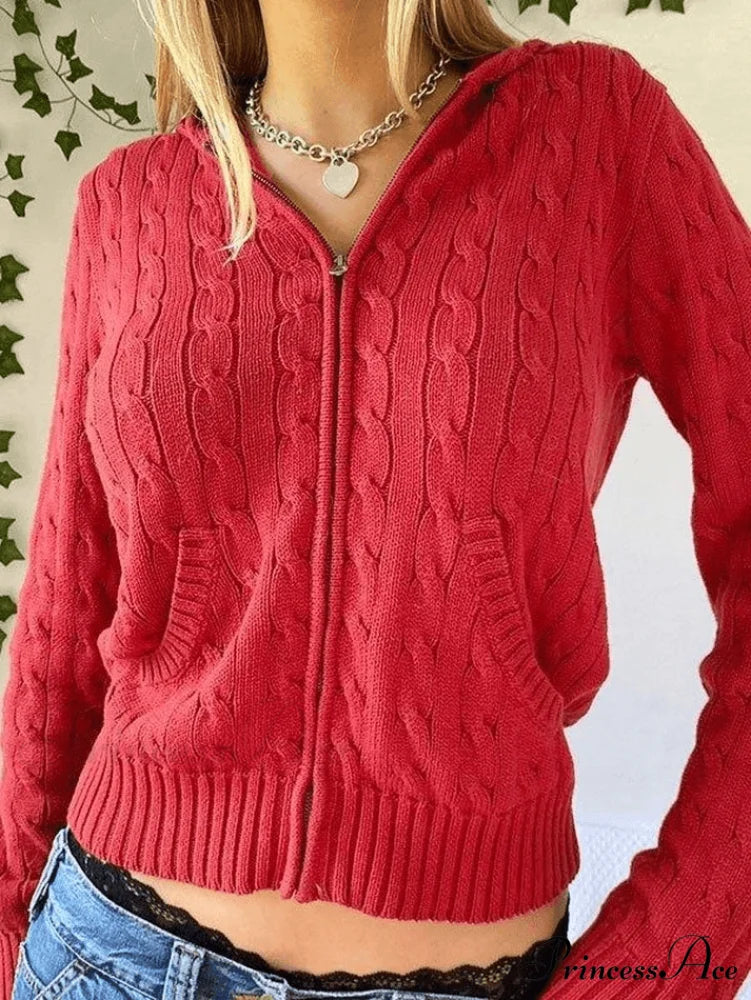 Hooded Button Graceful Front Knit Cardigan Red / S