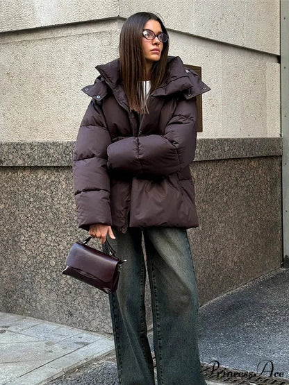 Hooded Cotton Quilting Coat Brown / S