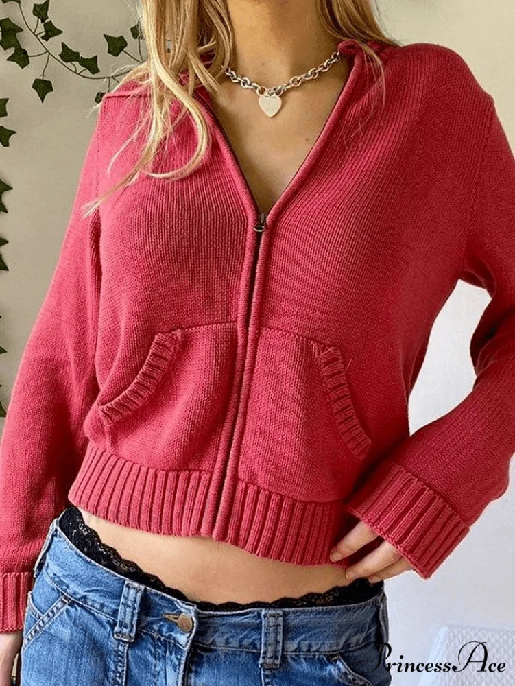 Hooded Crochet Knit Trendy Cropped Tank Top Red / S
