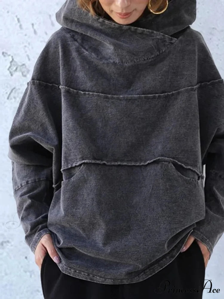 Hooded Effect Color Denim Washed Solid Sweatshirt Gray / S