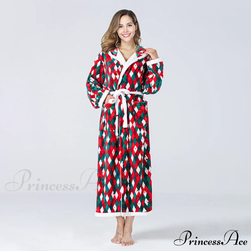 Hooded Flannel Tie-Belt Robe Suit Rose red / S