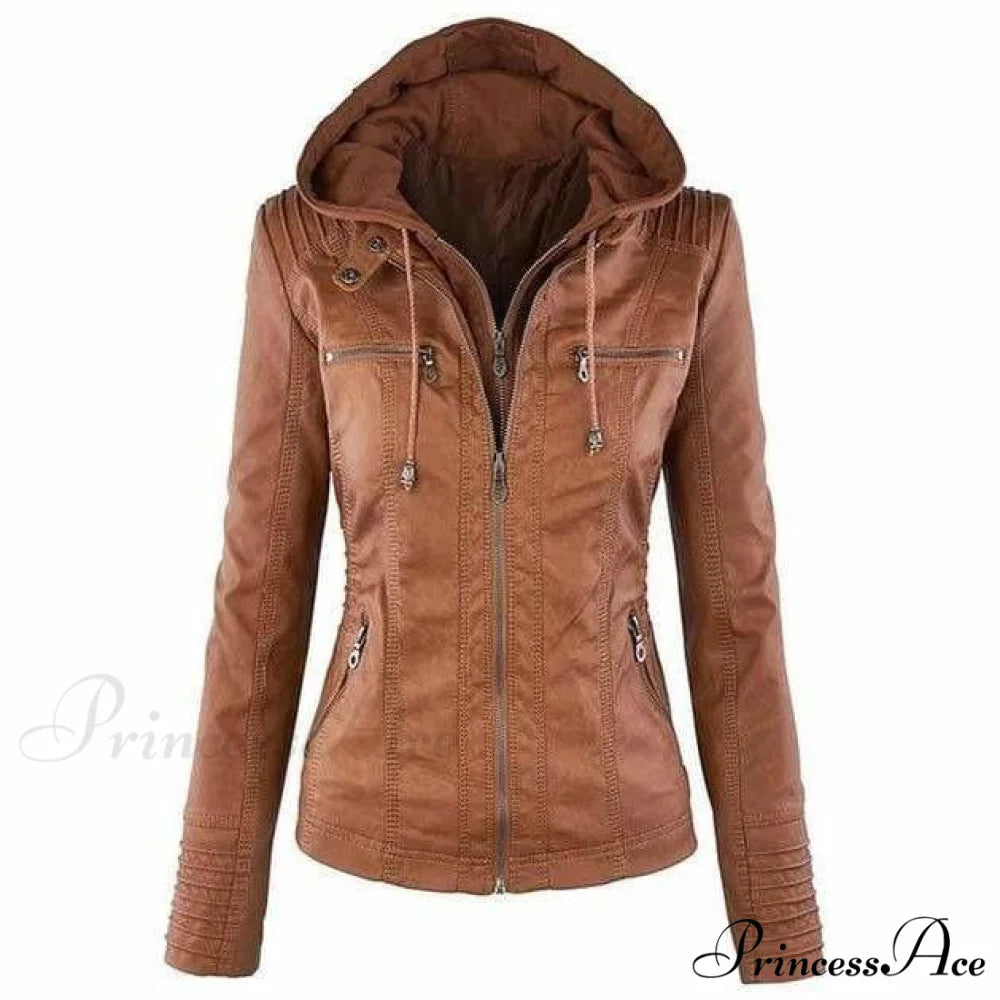 Hooded Leather Jacket Brown / XS