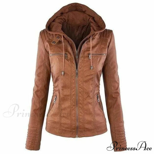 Hooded Leather Jacket Brown / XS