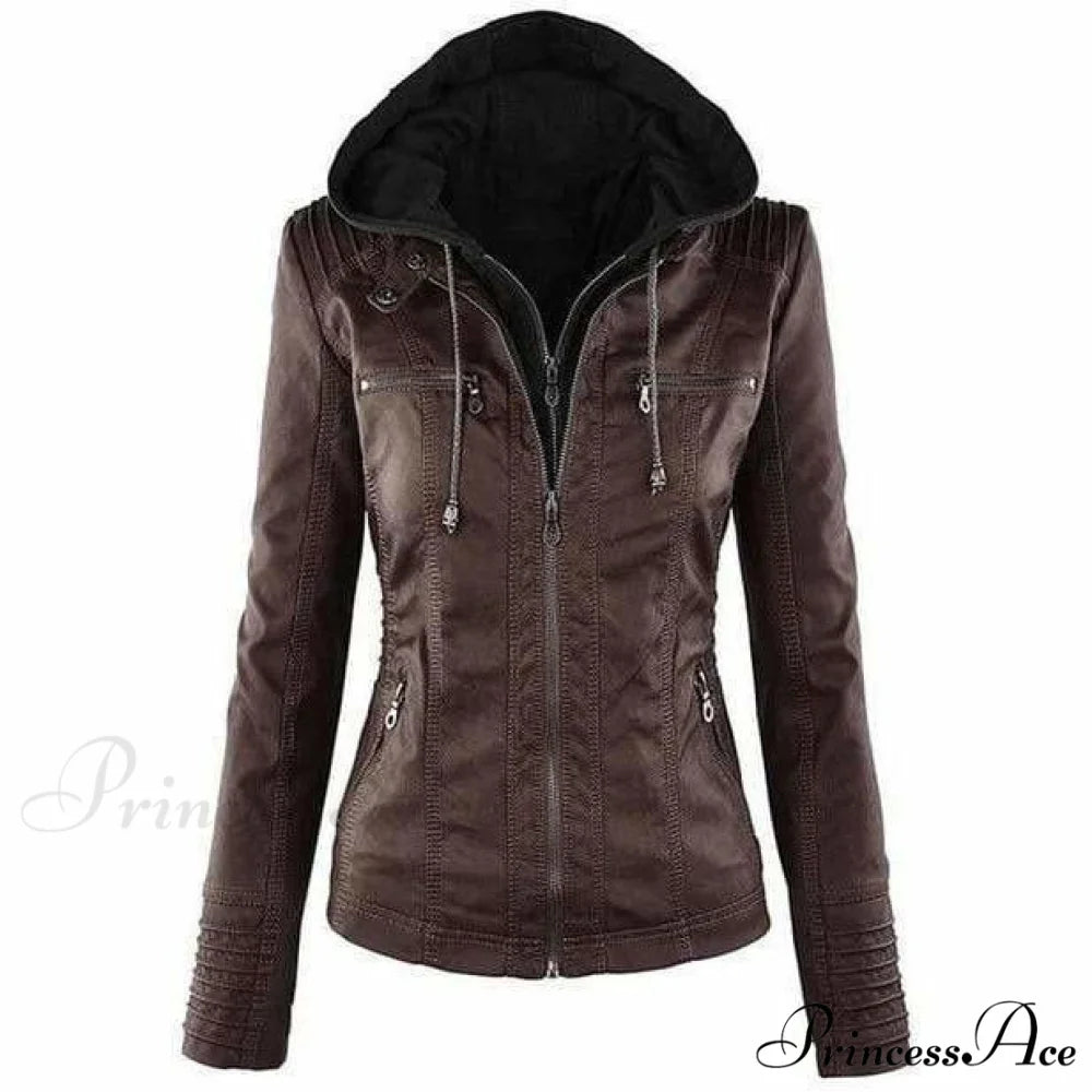 Hooded Leather Jacket Coffee / XS
