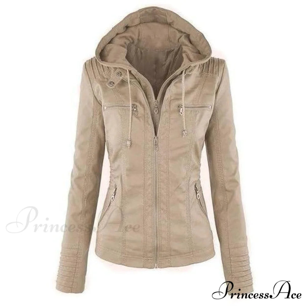 Hooded Leather Jacket Light Apricot / XS