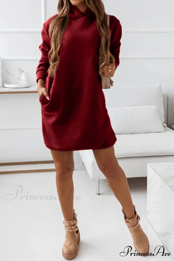 Hooded Mini Dress Wine Red / S
