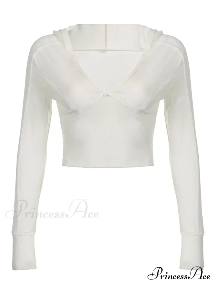 Hooded Ribbed Long Sleeve Deep V Neck Solid Color Slim Fit T-shirts