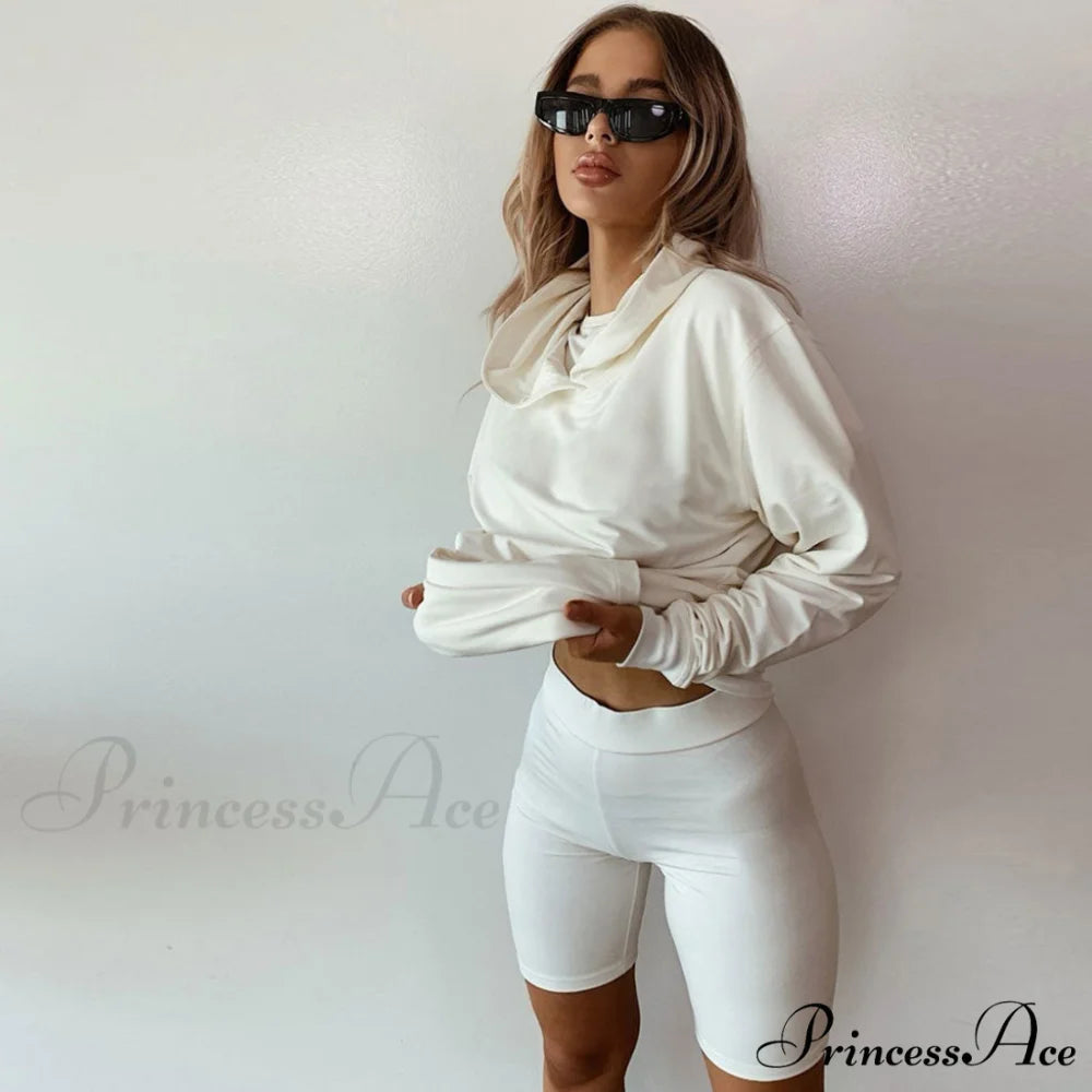 Hooded Sweatshirt Biker Short Modern Matching Set - Army Green L / White