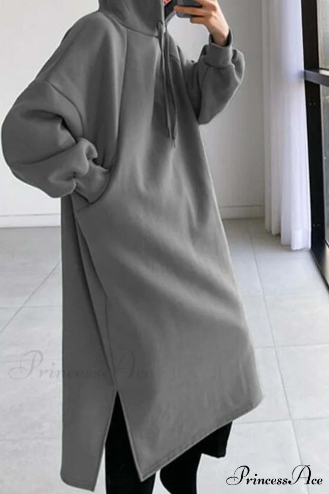 Hooded Sweatshirt Dress with Drop Shoulder Grey / M