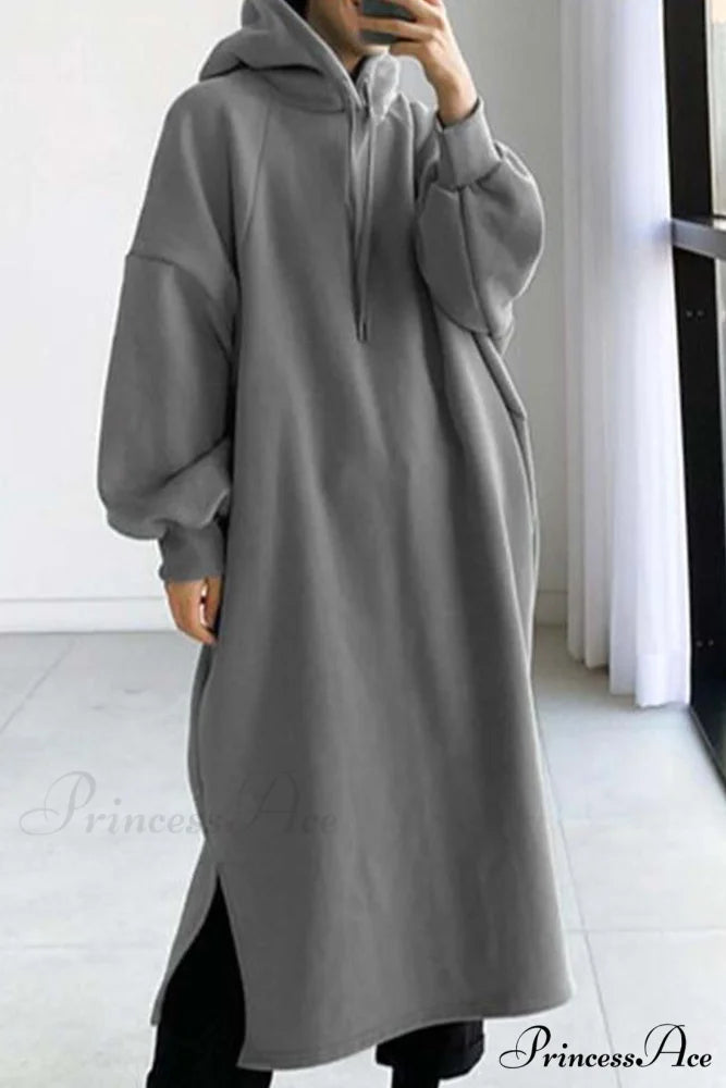 Hooded Sweatshirt Dress with Drop Shoulder Grey / S