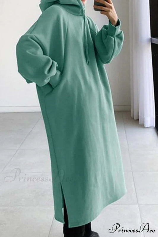 Hooded Sweatshirt Dress with Drop Shoulder Light Green / M