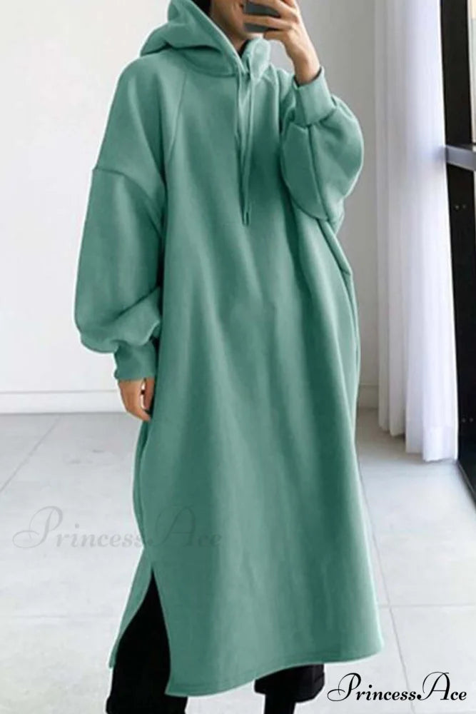 Hooded Sweatshirt Dress with Drop Shoulder Light Green / S