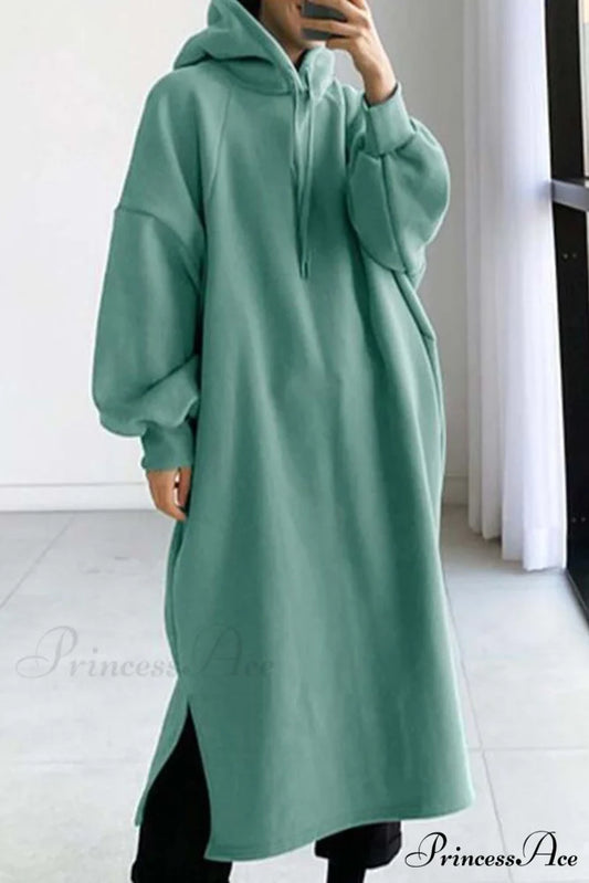 Hooded Sweatshirt Dress with Drop Shoulder Light Green / S