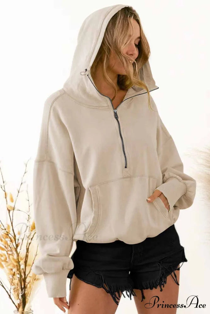 Hooded Sweatshirt with Zipper Pocket and Drawstring Apricot / S