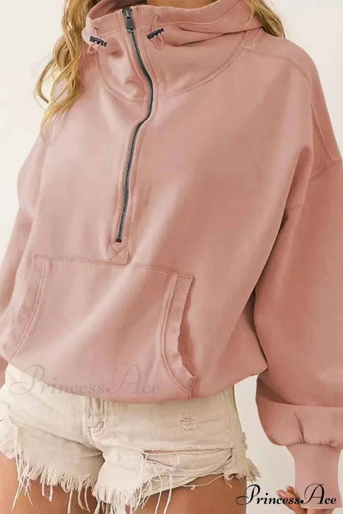 Hooded Sweatshirt with Zipper Pocket and Drawstring Pale Pinkish Gray / S