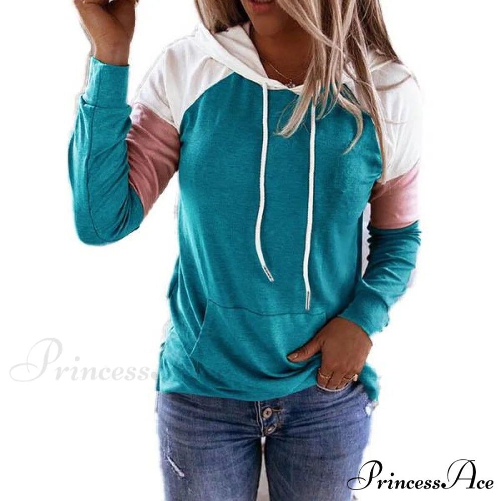 Hooded with Women’s Sleeves Sweatshirt Winter Casual Long and Fashion Pockets Blue / S