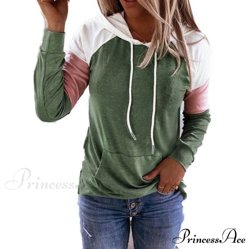 Hooded with Women’s Sleeves Sweatshirt Winter Casual Long and Fashion Pockets Green / S