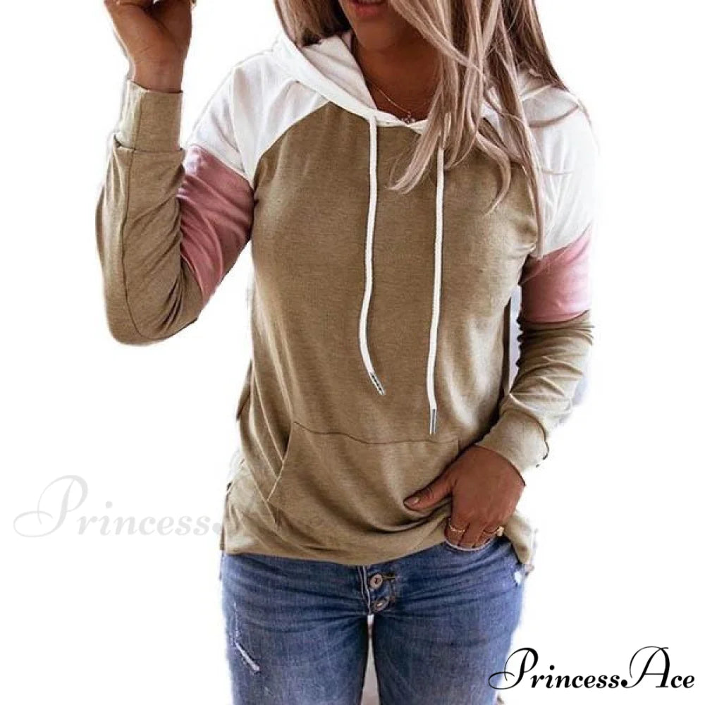 Hooded with Women’s Sleeves Sweatshirt Winter Casual Long and Fashion Pockets Khaki / S