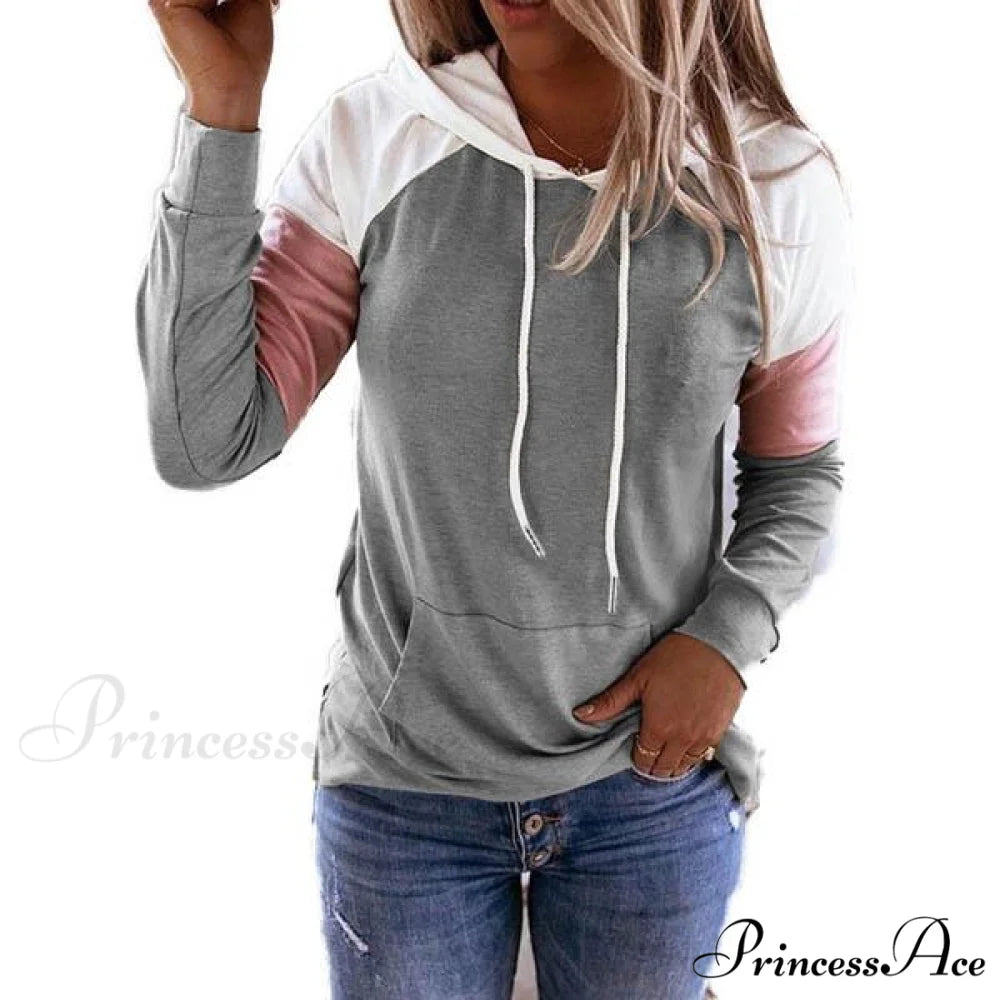 Hooded with Women’s Sleeves Sweatshirt Winter Casual Long and Fashion Pockets Light Gray / S