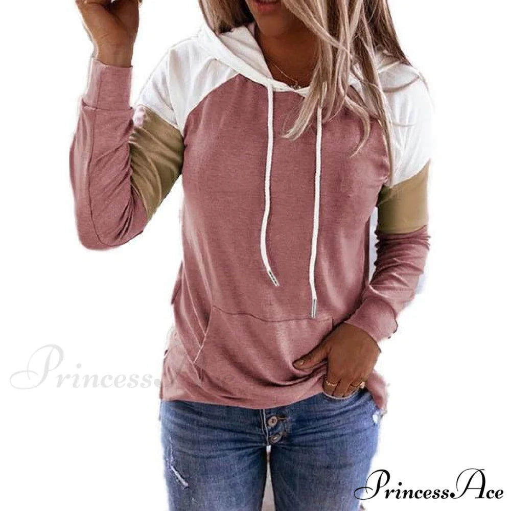 Hooded with Women’s Sleeves Sweatshirt Winter Casual Long and Fashion Pockets Pink / S