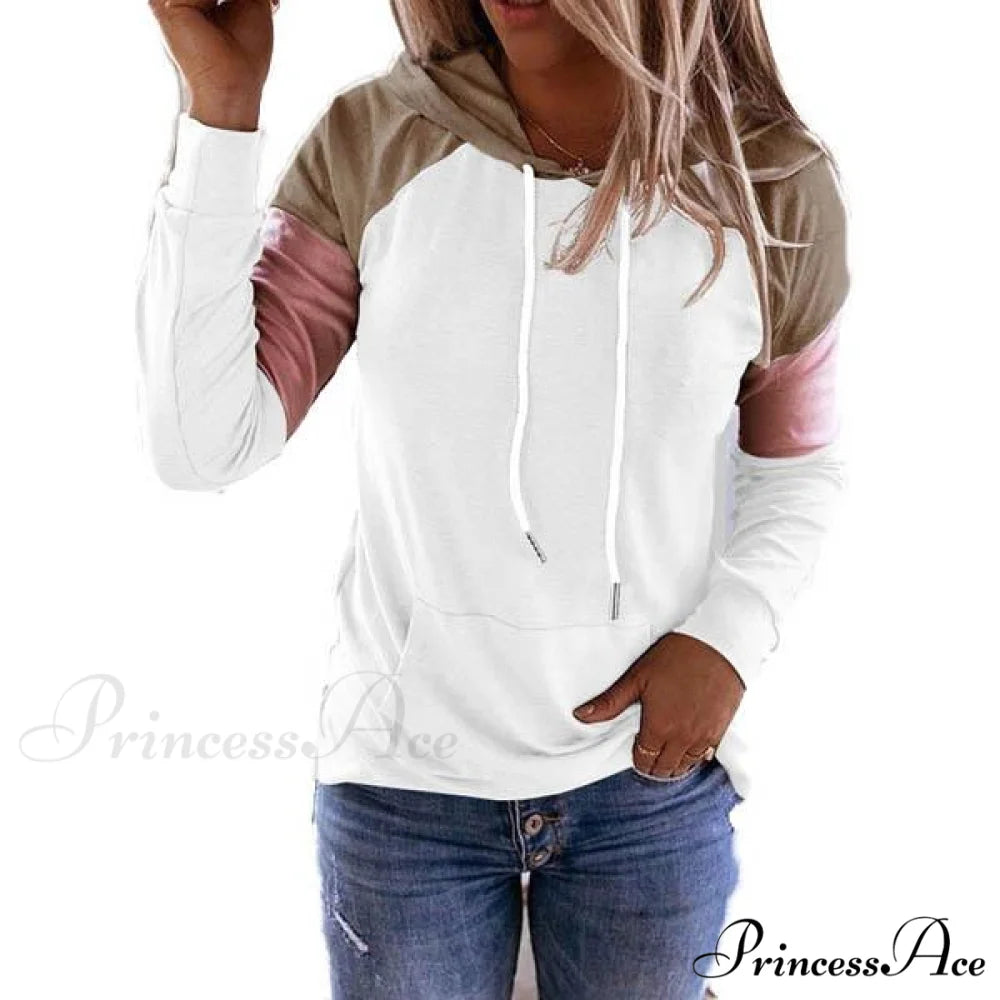 Hooded with Women’s Sleeves Sweatshirt Winter Casual Long and Fashion Pockets White / S